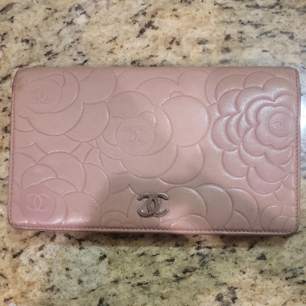Chanel Light Pink Floral Embossed Wallet